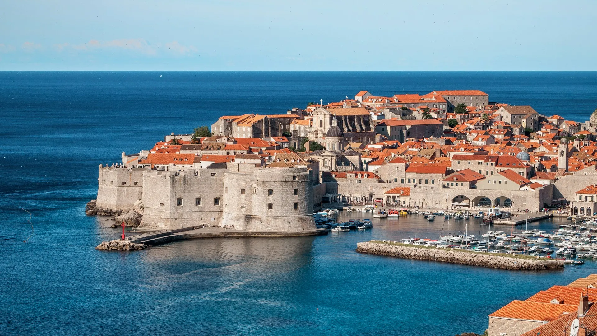 Dubrovnik old town walls and harbour aerial view, Croatia