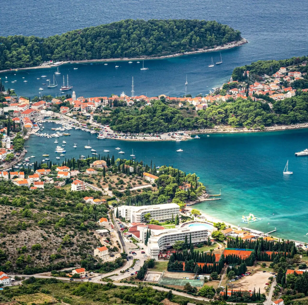 Panoramic view of Cavtat on Dubrovnik Riviera with Adriatic Sea and harbor